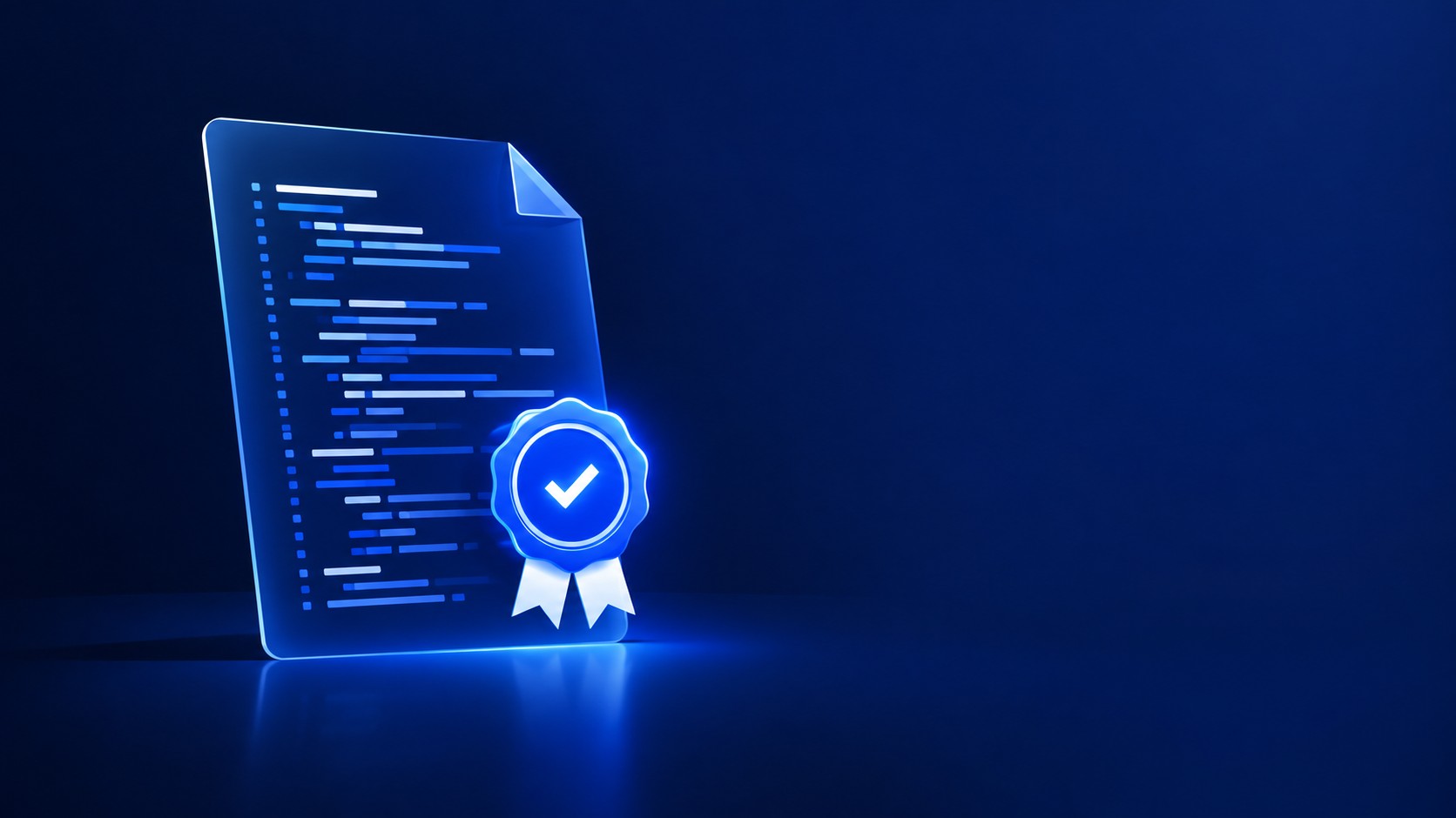 Transparent document made of code lines sealed with a glowing stamp